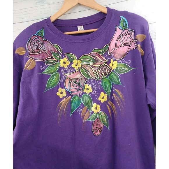 Vtg 3D Hand painted Floral Roses Purple T Shirt One Size - Picture 2 of 9